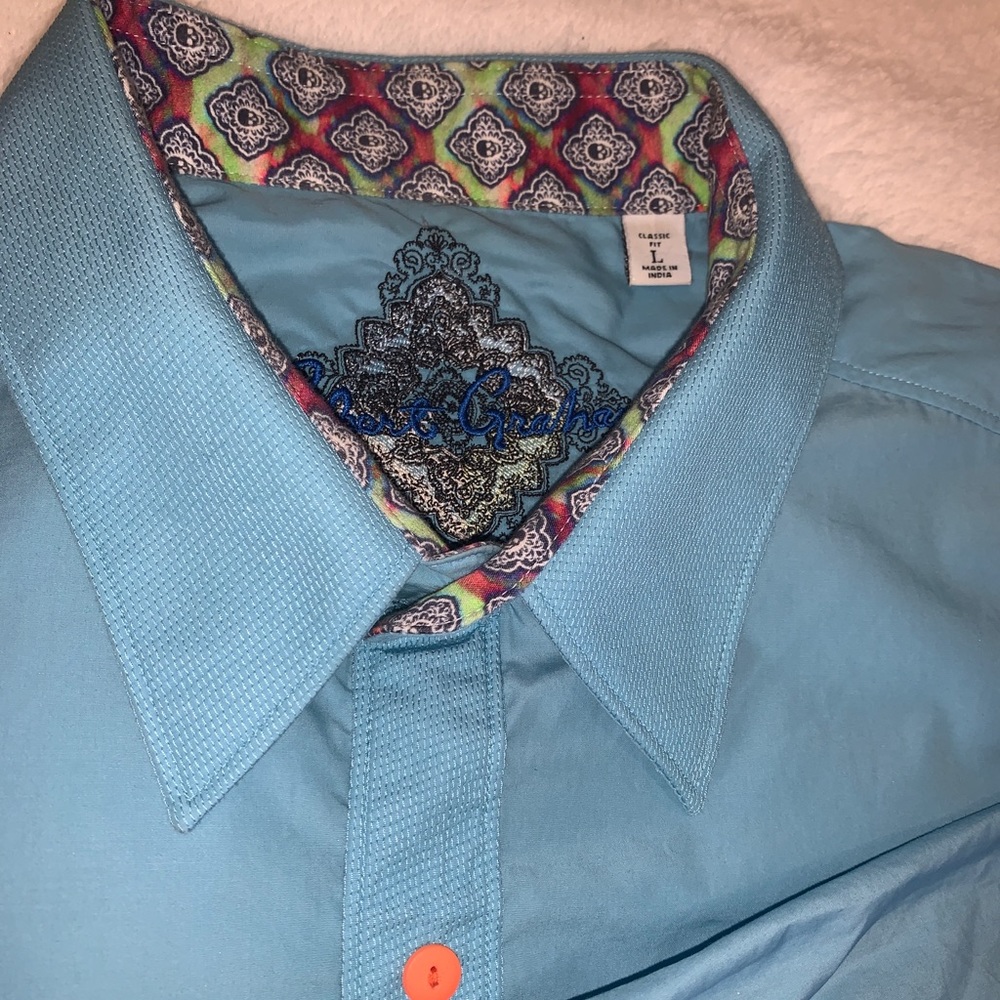 🌹 Robert Graham Aqua Button Down Shirt with Multicolor Collar